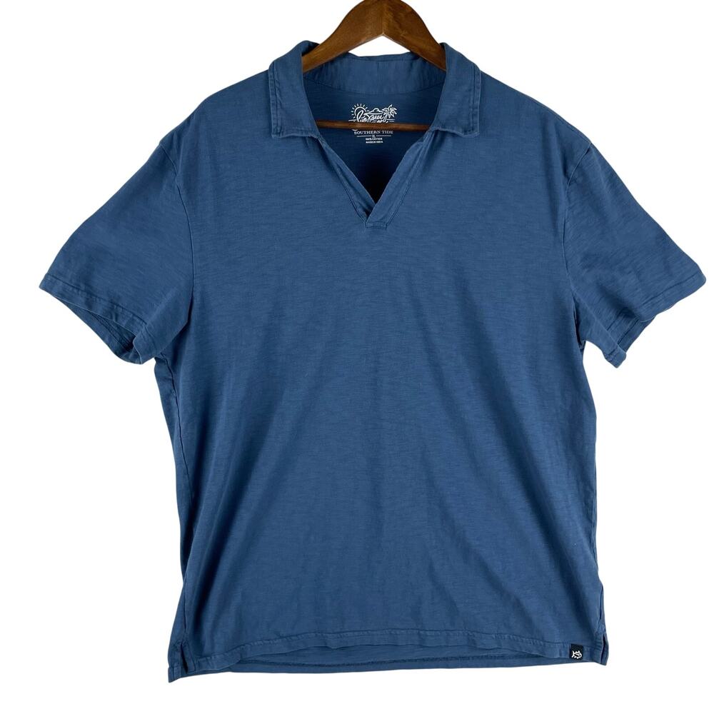 Southern Tide Mens Sun Farer XL Blue Johnny Collar Slub Cotton Polo Shirt 9615